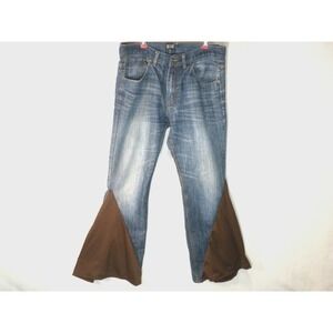 FUSAI Jeans Mens 36x32 Blue Denim‎ Fabric Bell Bottom Wide Leg Baggy Y2K Grunge